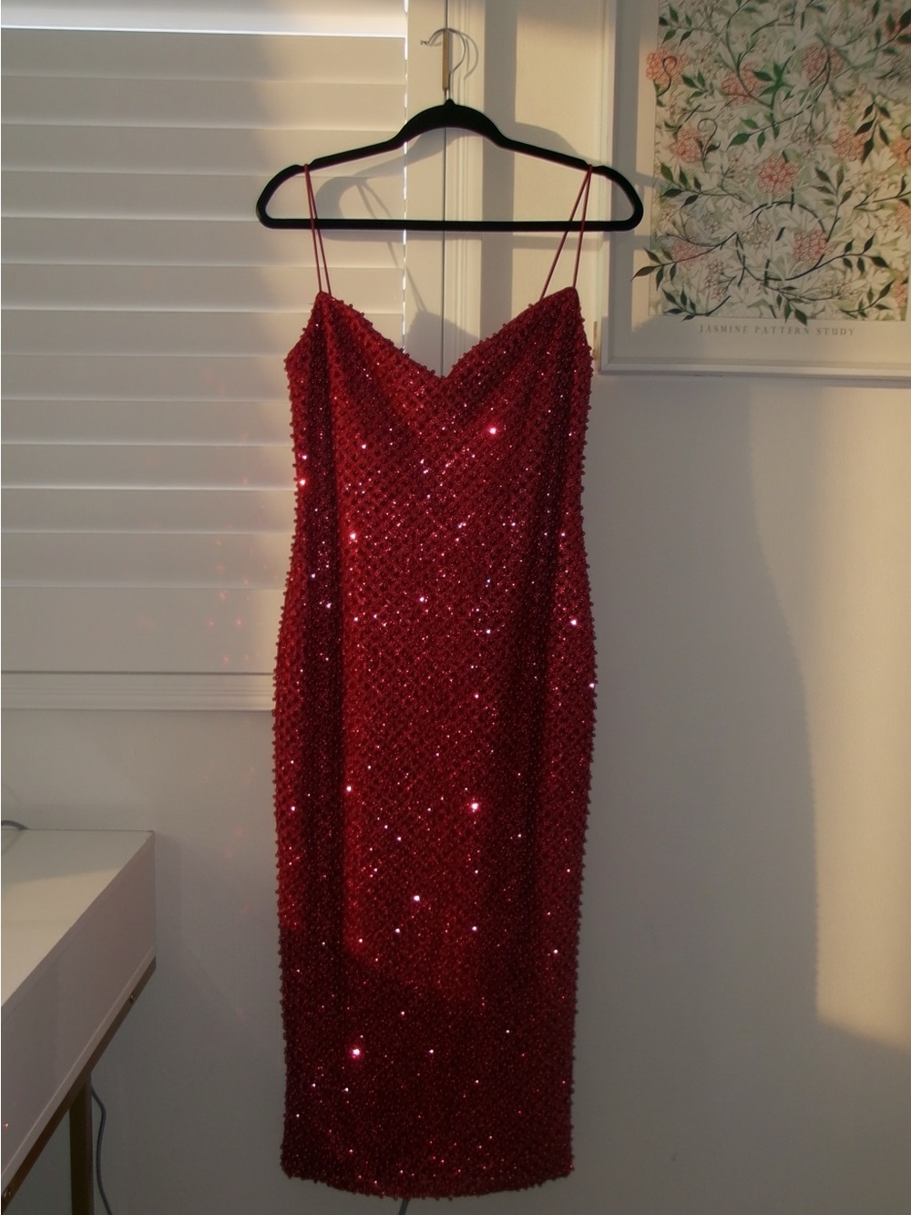 Oh Polly Eisley Red Sequin Midi Slip Dress with Spaghetti Straps